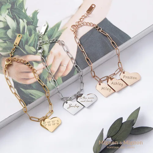 Miniatura 2 de MignonandMignon Pulsera de cadena de clip personalizada para ella, pulsera con colgante de corazón grabado personalizado, joyería con encanto