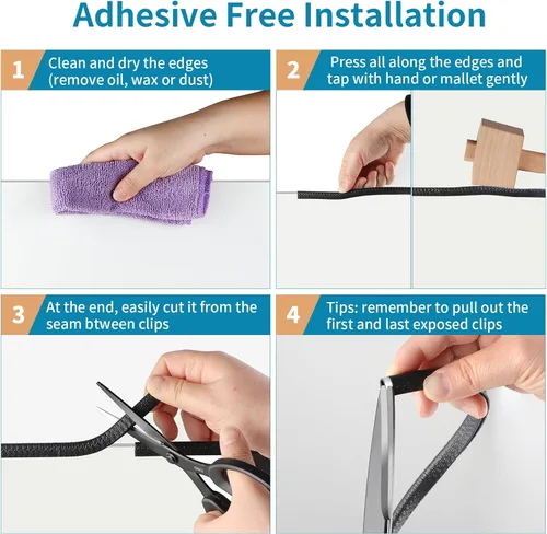 Miniatura 4 de Protector de borde de goma de 10 pies/3 m, protector de borde de puerta sin adhesivo, tira de sello de borde en forma de U con clips de metal