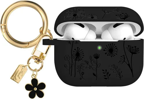 Funda con grabado de flores compatible con AirPods Pro 2 2022, funda de silicona para AirPods Pro de 2ª/1ª generación con bonito llavero de flores y