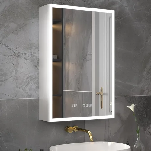 Miniatura 16 de ExBrite Botiquín iluminado de 28 x 32 pulgadas, armario con espejo LED empotrado/superficie con reloj y pantalla de temperatura, desempañamiento