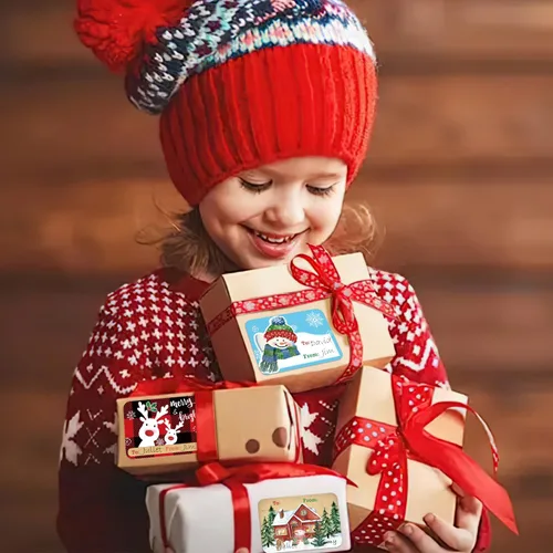 Miniatura 7 de Etiquetas adhesivas de regalo de Navidad de gran tamaño de 80 unidades, 8 diseños jumbo - Etiqueta de regalo de Navidad con "de" y "para", etiquetas
