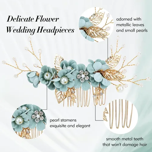 Miniatura 6 de inSowni 20 piezas de diamantes de imitación de perlas nupciales, bodas, fiestas, bailes, flores verdes claras, peines laterales + horquillas novias