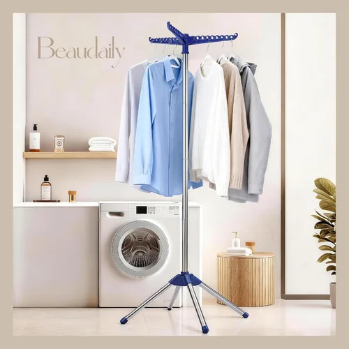 Miniatura 2 de Beaudaily Tendedero de secado de ropa, plegable, estante de secado de ropa interior de 59 pulgadas con 3 brazos giratorios, acero inoxidable, Azul +