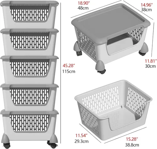 Miniatura 3 de Morcte Paquete de 5 cestas de almacenamiento apilables de plástico con tapas, cesta organizadora apilable con ruedas, color gris Stacking