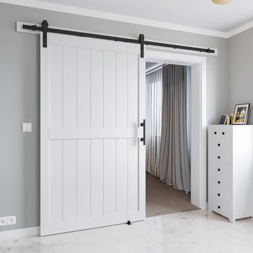 Miniatura 3 de Puerta corrediza de granero MDF de 48 x 80 pulgadas con kit de herrajes para puerta de granero de 8 pies y asa, agujeros preperforados, fácil Blanco