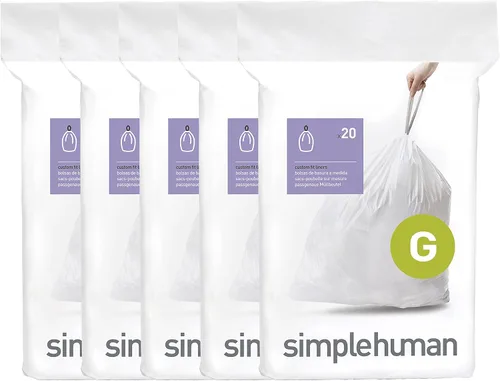 simplehuman Code G - Paquete de 100 dispensadores de forros personalizados, bolsas de basura con cordón, 30 litros/8 galones, color blanco