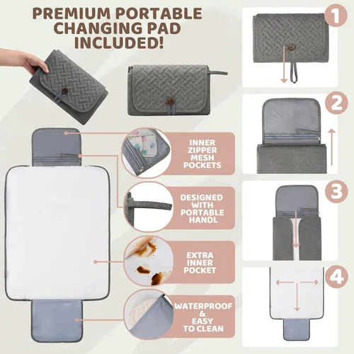 Miniatura 3 de Mochila de Pañales para Niñas y Niños: Mochila Gris para Pañales con Cambiador para Bebé, Mochila de Pañales para Mamá y Papá, Pañaleras para Bebé