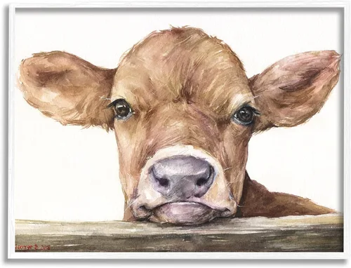 Stupell Industries 'Baby Cow Animal Watercolor', arte giclée enmarcado, blanco, 14 x 11 pulgadas, fácil de colgar y resistente, fabricado en Estados