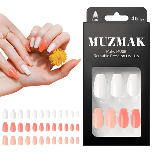 MUZMAK Uñas a presión reutilizables – Jarabe de yogur – Uñas largas a presión en ataúd, uñas postizas blancas y rosas (paquete de 36)