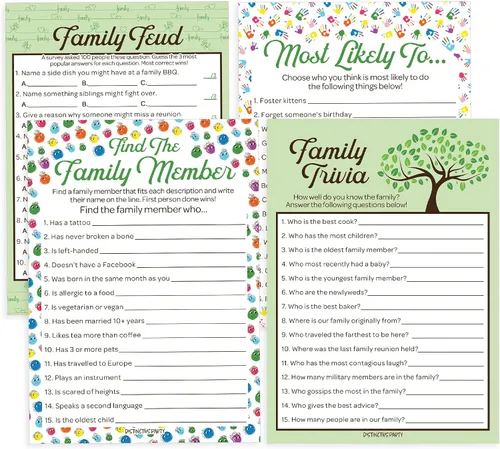 DISTINCTIVS Family Reunion Game Pack – Trivia familiar, más probable, peleas familiares y encontrar al miembro de la familia – Juego de 4 juegos