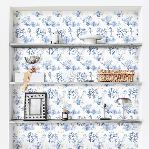 Miniatura 3 de RUSPEPA - Papel tapiz de despegar y pegar, tema de océano azul con diseño de arrecife de coral y vida marina, papel adhesivo impermeable
