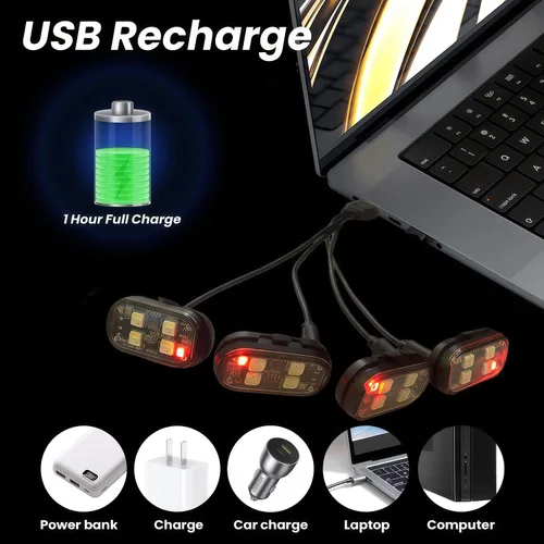 Miniatura 4 de 8 luces estroboscópicas LED inalámbricas con control remoto, RGB 8 colores multifunción, carga USB, impermeable, anticolisión, advertencia trasera