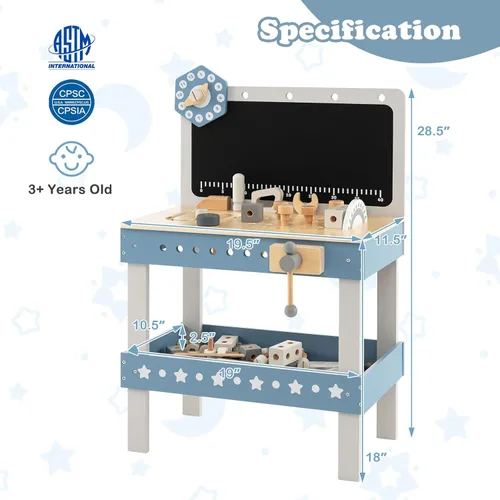 Miniatura 6 de Costzon Banco de herramientas para niños, banco de trabajo de madera con 61 herramientas y accesorios de juguete, juego de herramientas