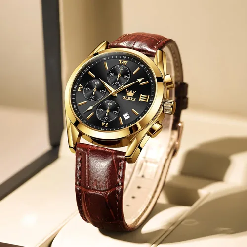 Miniatura 5 de OLEVS Reloj cronógrafo para hombre, reloj de pulsera analógico de cuarzo con correa de cuero para hombre (azulblanconegrodorado)