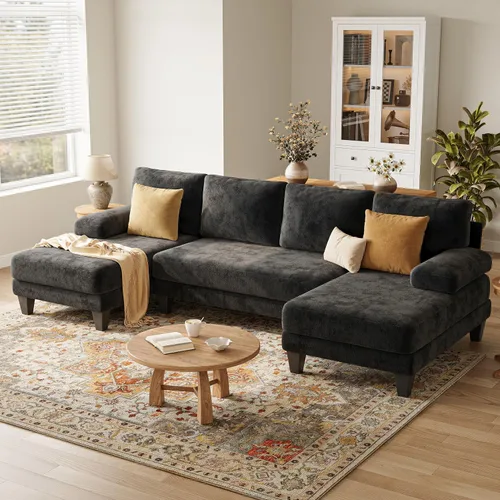 Miniatura 9 de Sofás seccionales en forma de U para sala de estar, sofá de felpilla con diván doble, sofá seccional gris oscuro de 112 pulgadas para apartamento