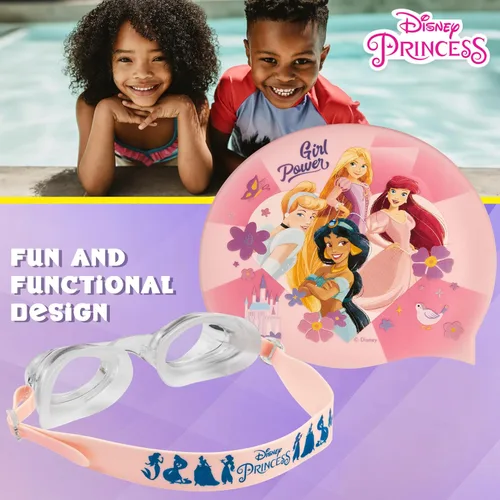 Miniatura 6 de Disney Juego de gafas de natación y gorro de natación para niños con protección UV antivaho (princesa rosa, 3-6 años)