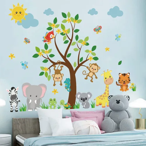 Miniatura 6 de Supzone Calcomanías de pared de animales de selva, diseño de mono, árbol, elefante, jirafa, tigre, calcomanía de pared para niños, niñas, niños
