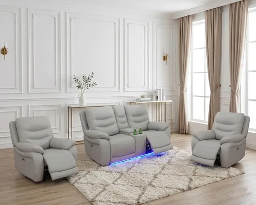 Miniatura 23 de Juego de 3 piezas para sala de estar, sofá reclinable eléctrico de cuero con puertos USB, iluminación LED y portavasos, asientos de cine en casa