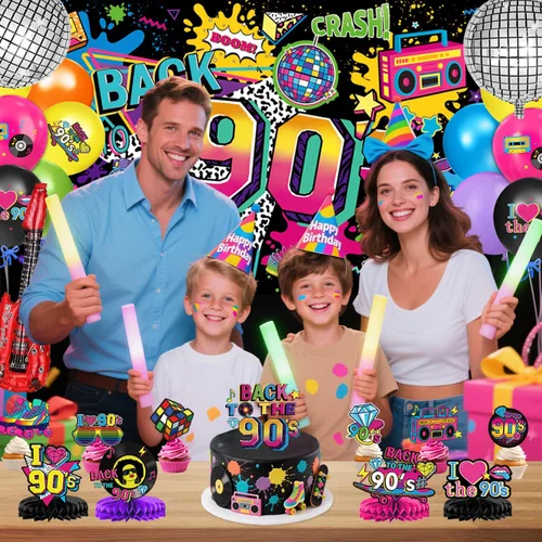 Miniatura 6 de Las decoraciones de fiesta de los años 90 incluyen telón de fondo de los años 90, globos de aluminio y látex, adornos para pasteles y cupcakes