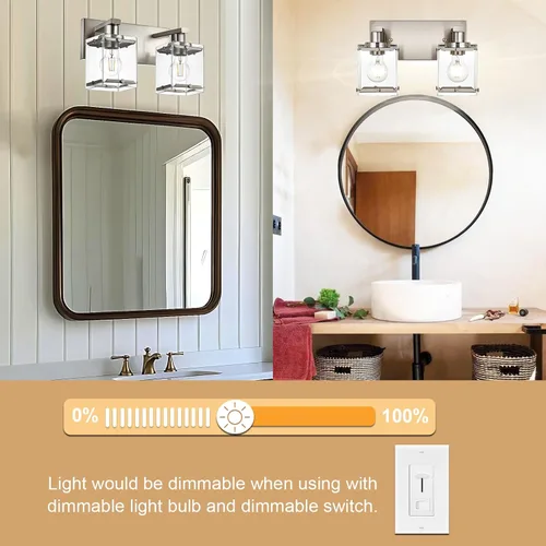 Miniatura 3 de Iluminación de aplique de pared de 2 luces con base de bombilla E26, lámpara de tocador de baño moderna de níquel cepillado para sobre espejo