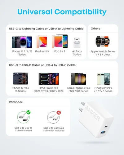Miniatura 7 de Anker Cargador para iPhone 17/16, paquete de 2 bloques de cargador USB C rápido de 20 W, para iPhone 17/16/16 Pro Max/15 Series/iPad Pro y más