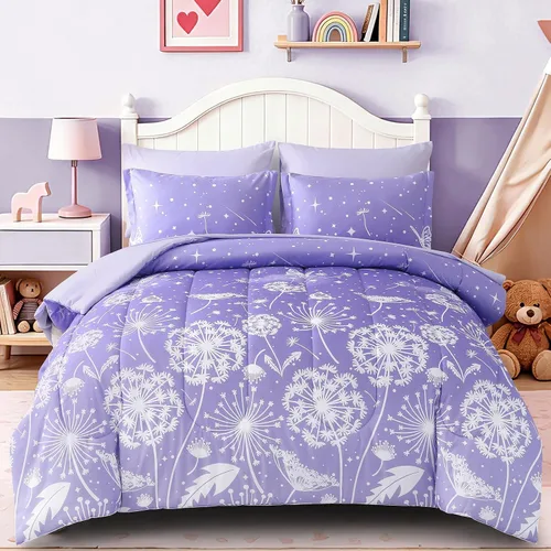 Miniatura 11 de Dinjoy Juego de edredón para niñas, tamaño individual, colorido, azul, rosa, morado, arcoíris, juego de ropa de cama de 6 piezas en una bolsa