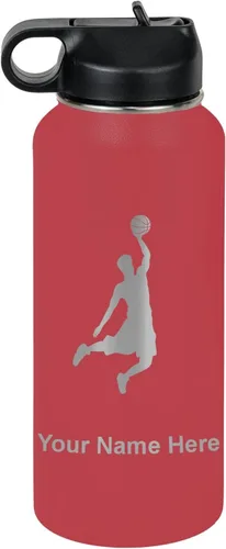 Miniatura 39 de LaserGram Botella de agua personalizada, hombre haciendo slam dunk de baloncesto, de acero inoxidable, de doble pared con aislamiento al vacío