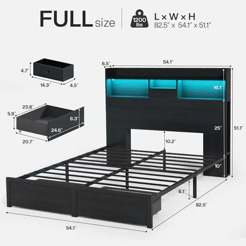 Miniatura 2 de Marco de Cama Tamaño Completo con Cabecero Alto y Luces LED, Librero de 51.2" Marco de Cama Negro Tamaño Completo con Cajones de Almacenamiento