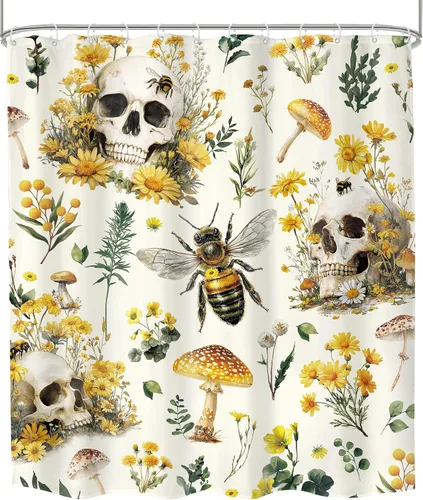 Miniatura 8 de Cortina de ducha gótica con calavera, 60 pulgadas de ancho x 72 pulgadas de alto, estilo rústico boho, con hongos amarillos, flores, abejas