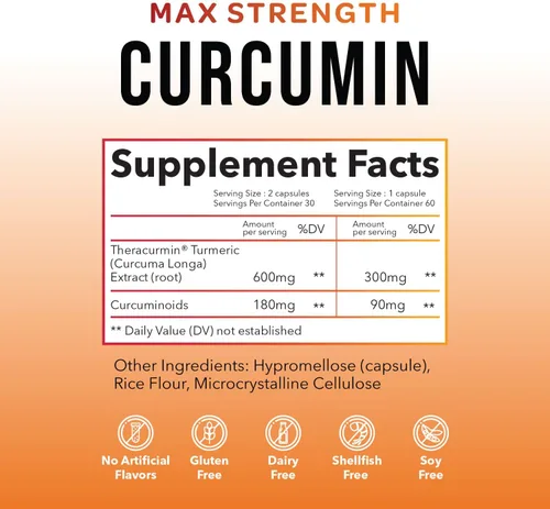Miniatura 2 de Theracurmin - Suplemento de curcumina de cúrcuma, 60 unidades, cúrcuma y curcumina de alta absorción, suplemento de apoyo para las articulaciones