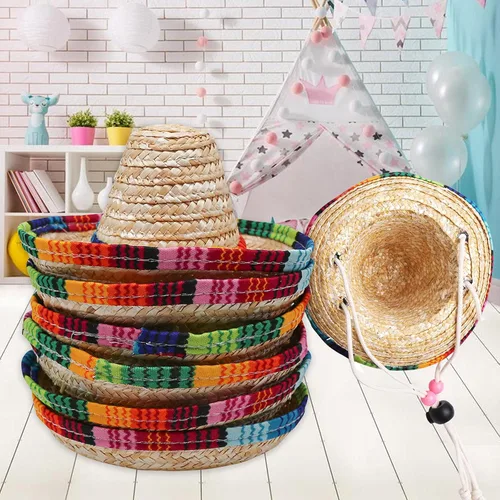 Miniatura 4 de Xplanet Paquete de 6 mini sombreros de fiesta mexicana de paja natural, mini sombrero de fiesta, suministros para fiestas