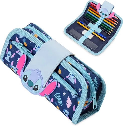 Disney Estuche para lápices de puntada con bonita bolsa desmontable con cremallera, incluye bolígrafo de bola, regla de borrador y divertidos