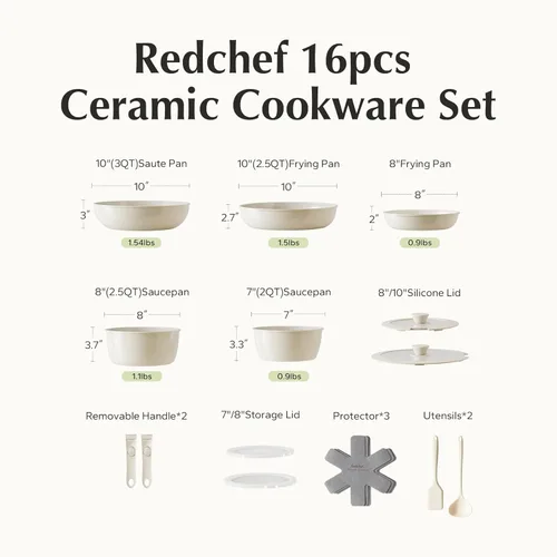 Miniatura 9 de Redchef - Juego de ollas y sartenes de cerámica, juego de utensilios de cocina antiadherentes con mango desmontable, juego de utensilios de cocina