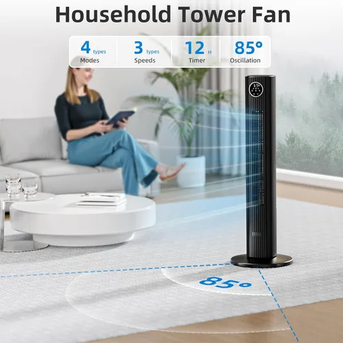 Miniatura 2 de Antarctic Star - Ventilador de torre portátil, ventilador de piso oscilante de 85°, ventilador silencioso de enfriamiento, temporizador de 12H, Negro