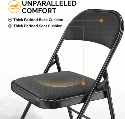 Miniatura 4 de Bonnlo Silla plegable, sillas plegables acolchadas de tela con cojín, respaldo y marco de acero para interiores y exteriores, comedor, oficina, Negro