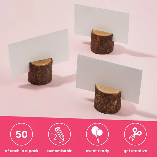 Miniatura 5 de THE TWIDDLERS 50 tarjeteros de madera rústica con 50 tarjetas de nombre de mesa blancas de 3.5 x 2 – Asientos reservados para bodas, bufés