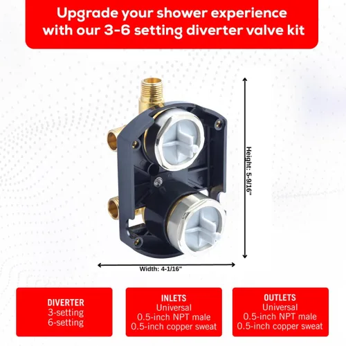 Miniatura 3 de R22000 - Válvula universal con desviador integrado - Cuerpo de latón, kit de válvula de desviador integrado de ducha personalizada, ajuste de 3 o 6