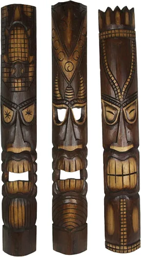 Miniatura 20 de Zeckos Juego de 2 máscaras de pared Tiki de madera tallada a mano, 39 pulgadas de alto, acabado envejecido pintado, esculturas de pared para sala