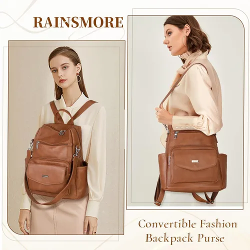 Miniatura 8 de RAINSMORE Mochila convertible para mujer, de piel sintética, impermeable, a la moda, de 13.3 pulgadas, antirrobo, bolsa de hombro cruzada