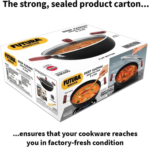 Miniatura 7 de Hawkins Futura Kadhai de 5 litros de profundidad, Kadai antiadherente con tapa de cristal, fondo plano de inducción, Kadhai, color negro (INK50G)