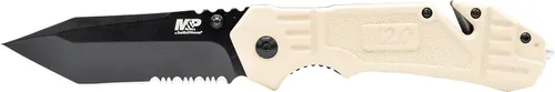 Smith & Wesson M&P FDE - Cuchillo plegable asistido por resorte SS de alto carbono de 8.2 pulgadas con hoja tanto dentada de 8 pulgadas y mango de