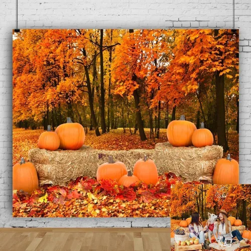 Miniatura 17 de Telón de fondo de paisaje de bosque otoñal para fotografía, paisaje de otoño, hojas de día de Acción de Gracias, calabaza, girasol, fondo