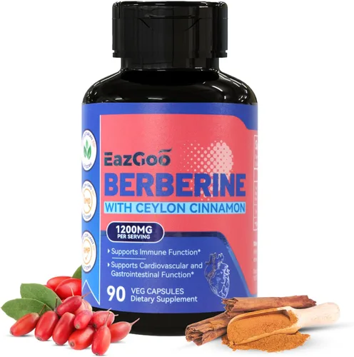 Suplemento de berberina prémium de 1200 mg con canela de Ceilán, 90 cápsulas veganas, suplemento de berberina HCL sin gluten, apoyo inmunológico