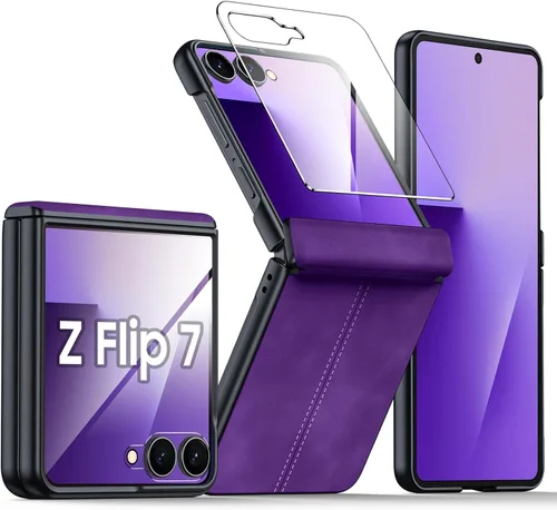 Miniatura 22 de para Samsung Galaxy Z Flip 7 Funda con protección de bisagras y protector de pantalla incorporado, funda de cuero mate de policarbonato ultradelgada