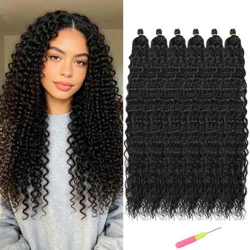 Miniatura 31 de Extensiones de cabello ondulado con ganchillo Ocean Wave de 18 pulgadas, 6 paquetes, extensiones de cabello de ganchillo sueltas de onda profunda #1B