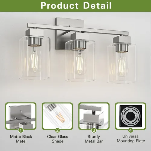 Miniatura 3 de Lámpara de tocador de baño de níquel cepillado, diseño cuadrado de 3 luces, certificación UL y luces cuadradas para baño sobre el espejo