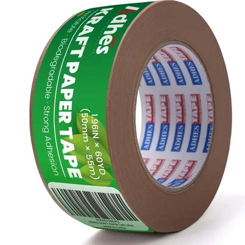 ADHES - Cinta de papel kraft, 2 pulgadas x 60 yardas, cinta de embalaje de papel biodegradable para escribir y sin recubrimiento marrón para envío,
