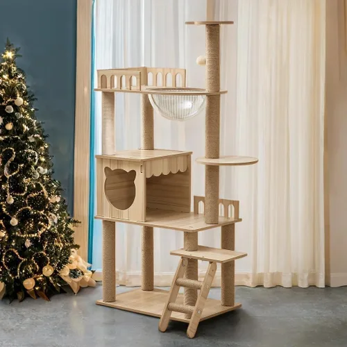 Miniatura 9 de Árbol de madera para gatos de 61 pulgadas con condominio para gatos, postes rascadores de escaleras para gatos, 2 cuencos, postes rascadores