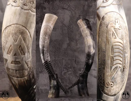 Miniatura 6 de Cuerno vikingo con soporte Abuey natural grabado a mano grande Seguro para alimentos Regalos vikingos nórdicos únicos para hombres y mujeres
