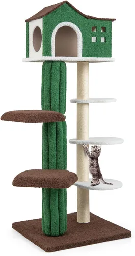 Miniatura 9 de Tangkula Árbol alto para gatos de interior, torre moderna de 7 niveles y 61 pulgadas con postes rascadores de sisal, condominio superior, tela